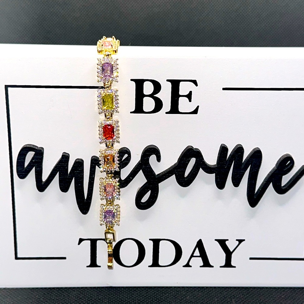 18K Yellow Gold Plated Multi-colored CZ bracelet from Pretty Bird🩷💜💚❤️🧡